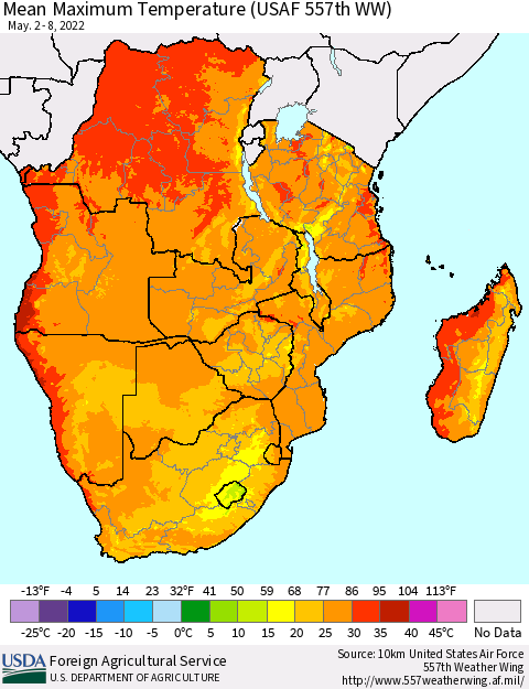 Southern Africa Mean Maximum Temperature (USAF 557th WW) Thematic Map For 5/2/2022 - 5/8/2022