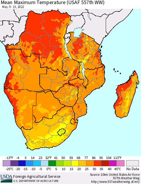 Southern Africa Mean Maximum Temperature (USAF 557th WW) Thematic Map For 5/9/2022 - 5/15/2022