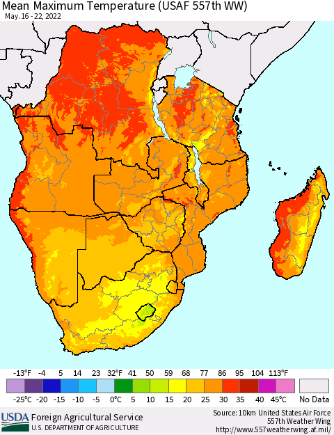 Southern Africa Mean Maximum Temperature (USAF 557th WW) Thematic Map For 5/16/2022 - 5/22/2022