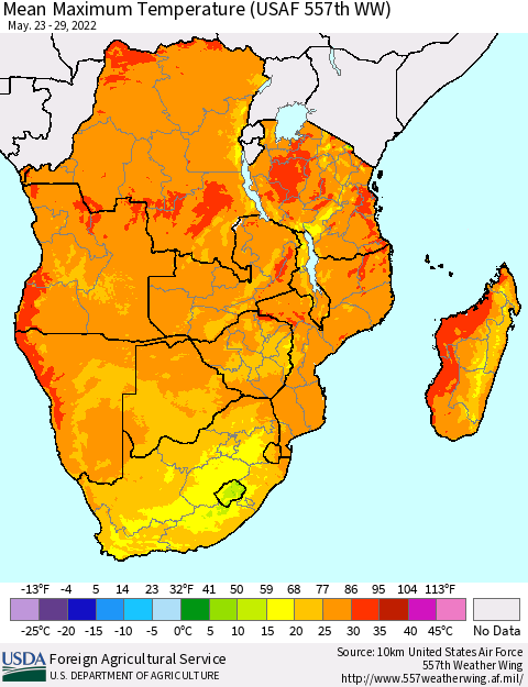Southern Africa Mean Maximum Temperature (USAF 557th WW) Thematic Map For 5/23/2022 - 5/29/2022