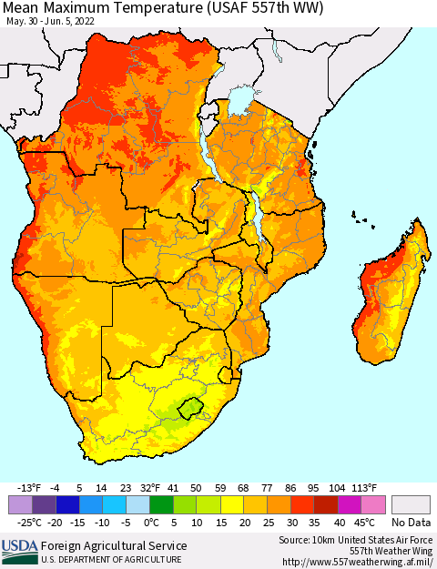 Southern Africa Mean Maximum Temperature (USAF 557th WW) Thematic Map For 5/30/2022 - 6/5/2022