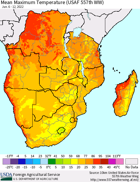 Southern Africa Mean Maximum Temperature (USAF 557th WW) Thematic Map For 6/6/2022 - 6/12/2022