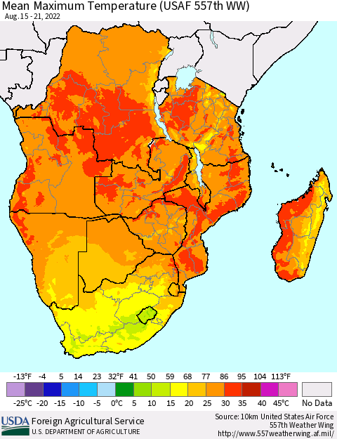 Southern Africa Mean Maximum Temperature (USAF 557th WW) Thematic Map For 8/15/2022 - 8/21/2022