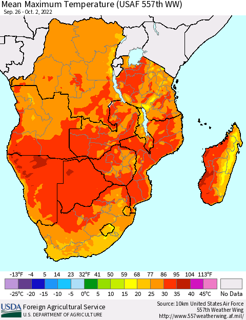 Southern Africa Mean Maximum Temperature (USAF 557th WW) Thematic Map For 9/26/2022 - 10/2/2022
