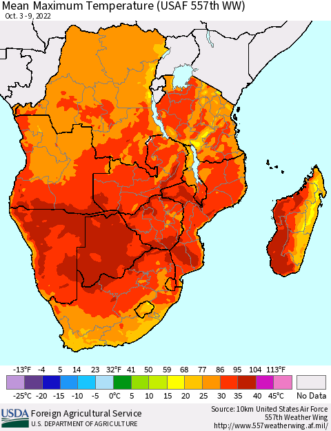Southern Africa Mean Maximum Temperature (USAF 557th WW) Thematic Map For 10/3/2022 - 10/9/2022