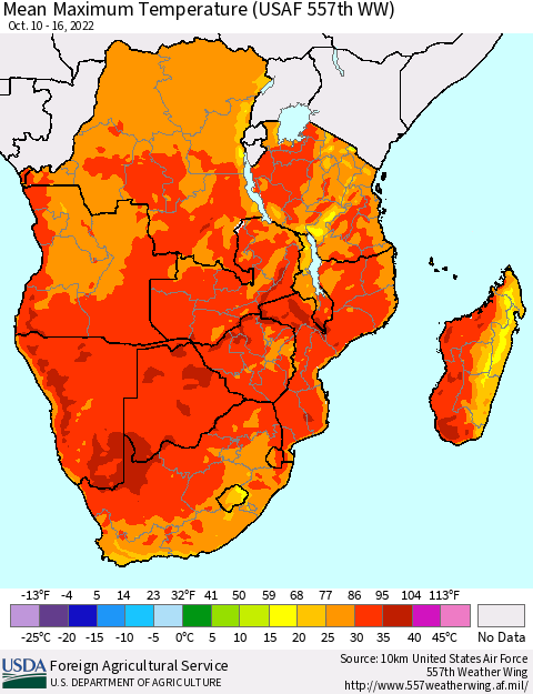Southern Africa Mean Maximum Temperature (USAF 557th WW) Thematic Map For 10/10/2022 - 10/16/2022