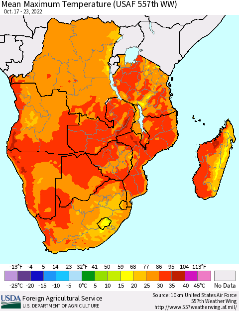 Southern Africa Mean Maximum Temperature (USAF 557th WW) Thematic Map For 10/17/2022 - 10/23/2022