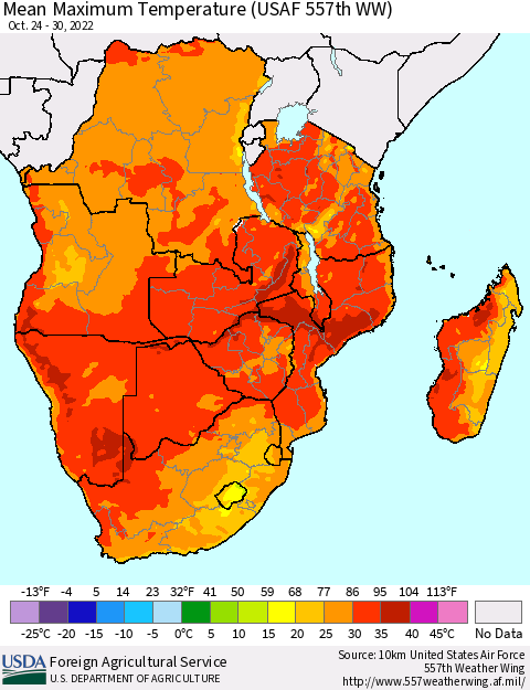 Southern Africa Mean Maximum Temperature (USAF 557th WW) Thematic Map For 10/24/2022 - 10/30/2022