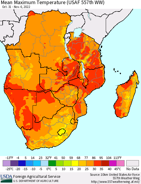 Southern Africa Mean Maximum Temperature (USAF 557th WW) Thematic Map For 10/31/2022 - 11/6/2022