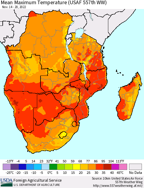 Southern Africa Mean Maximum Temperature (USAF 557th WW) Thematic Map For 11/14/2022 - 11/20/2022