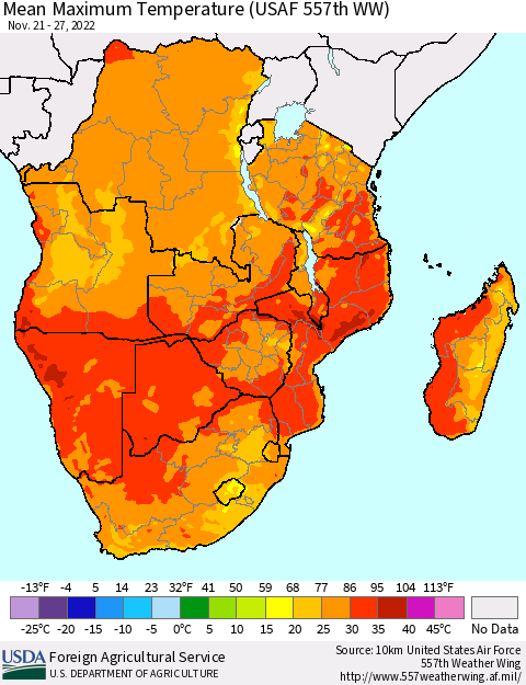 Southern Africa Mean Maximum Temperature (USAF 557th WW) Thematic Map For 11/21/2022 - 11/27/2022