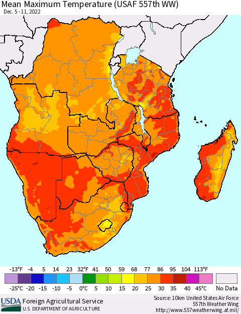 Southern Africa Mean Maximum Temperature (USAF 557th WW) Thematic Map For 12/5/2022 - 12/11/2022