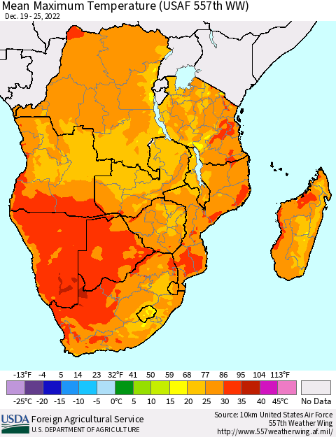 Southern Africa Mean Maximum Temperature (USAF 557th WW) Thematic Map For 12/19/2022 - 12/25/2022