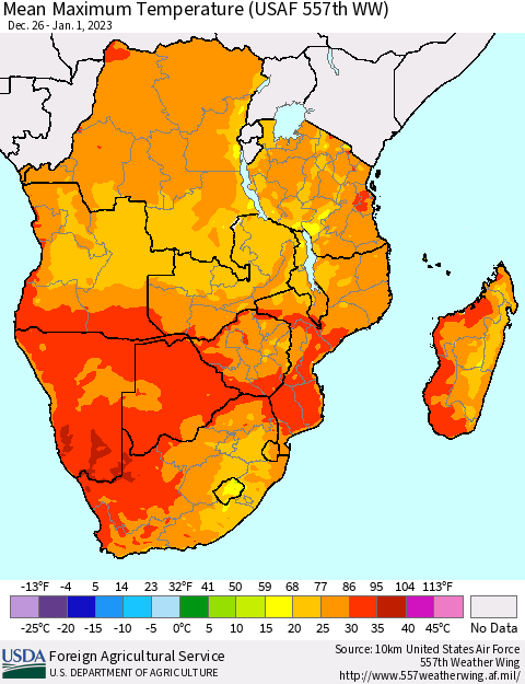 Southern Africa Mean Maximum Temperature (USAF 557th WW) Thematic Map For 12/26/2022 - 1/1/2023