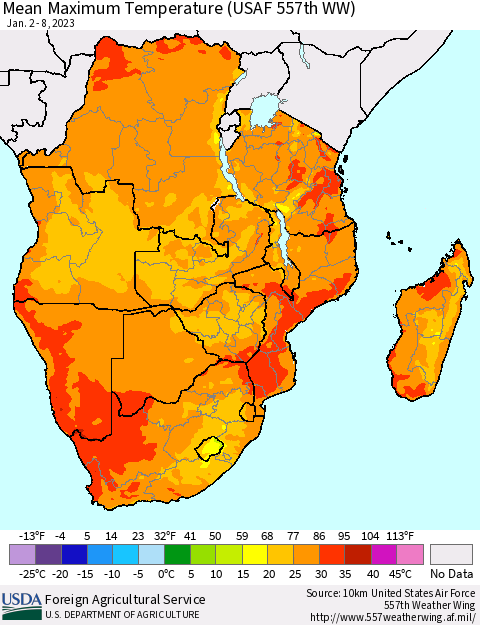 Southern Africa Mean Maximum Temperature (USAF 557th WW) Thematic Map For 1/2/2023 - 1/8/2023