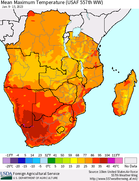 Southern Africa Mean Maximum Temperature (USAF 557th WW) Thematic Map For 1/9/2023 - 1/15/2023