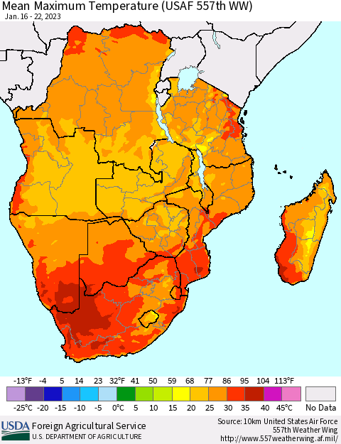 Southern Africa Mean Maximum Temperature (USAF 557th WW) Thematic Map For 1/16/2023 - 1/22/2023