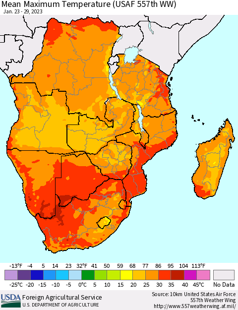 Southern Africa Mean Maximum Temperature (USAF 557th WW) Thematic Map For 1/23/2023 - 1/29/2023