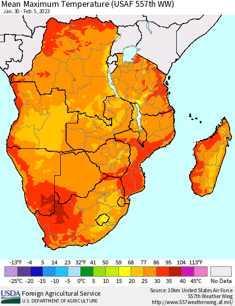 Southern Africa Mean Maximum Temperature (USAF 557th WW) Thematic Map For 1/30/2023 - 2/5/2023
