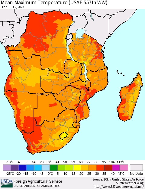 Southern Africa Mean Maximum Temperature (USAF 557th WW) Thematic Map For 2/6/2023 - 2/12/2023