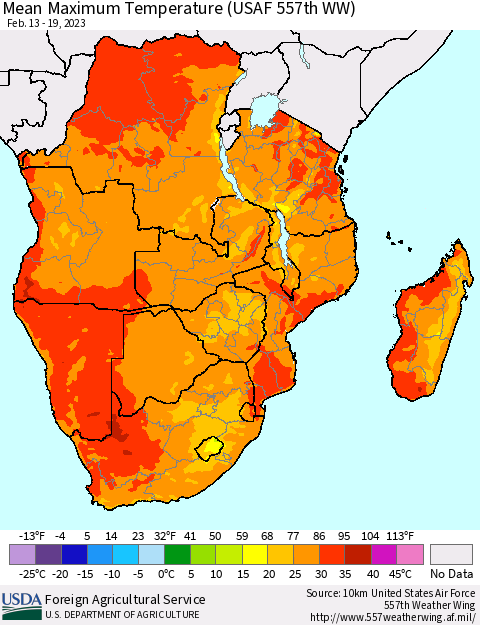 Southern Africa Mean Maximum Temperature (USAF 557th WW) Thematic Map For 2/13/2023 - 2/19/2023