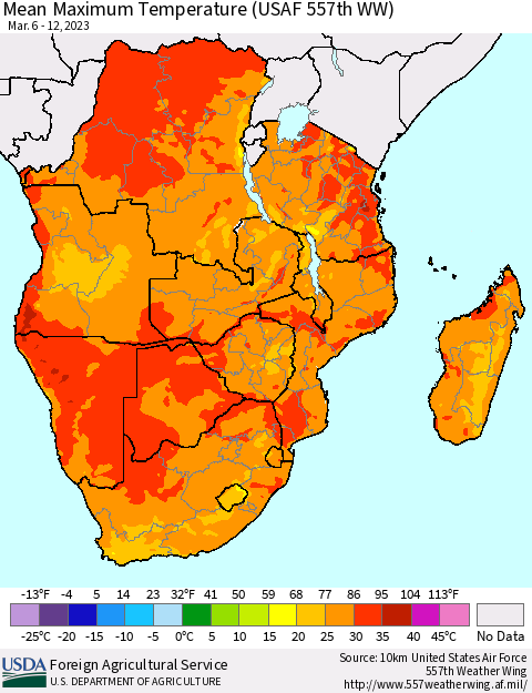 Southern Africa Mean Maximum Temperature (USAF 557th WW) Thematic Map For 3/6/2023 - 3/12/2023