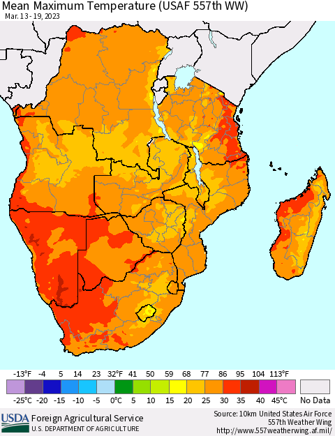 Southern Africa Mean Maximum Temperature (USAF 557th WW) Thematic Map For 3/13/2023 - 3/19/2023