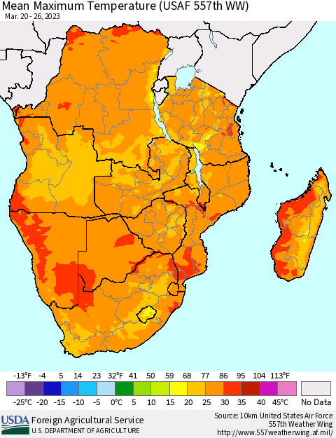 Southern Africa Mean Maximum Temperature (USAF 557th WW) Thematic Map For 3/20/2023 - 3/26/2023