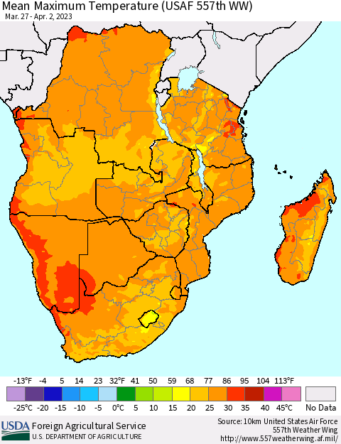 Southern Africa Mean Maximum Temperature (USAF 557th WW) Thematic Map For 3/27/2023 - 4/2/2023
