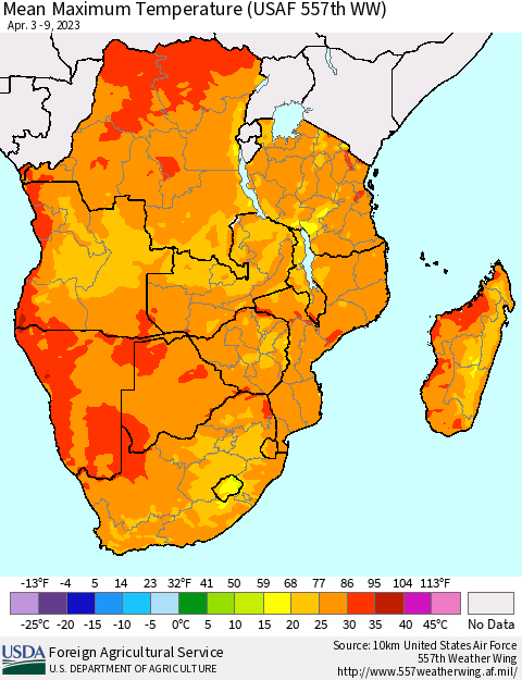 Southern Africa Mean Maximum Temperature (USAF 557th WW) Thematic Map For 4/3/2023 - 4/9/2023