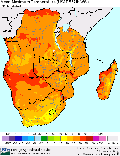 Southern Africa Mean Maximum Temperature (USAF 557th WW) Thematic Map For 4/10/2023 - 4/16/2023
