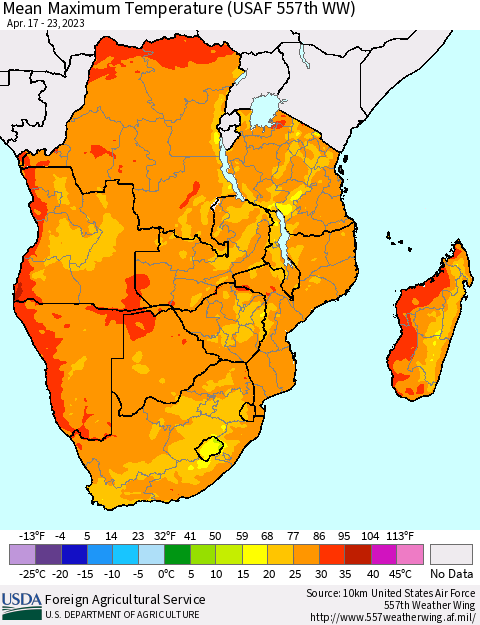 Southern Africa Mean Maximum Temperature (USAF 557th WW) Thematic Map For 4/17/2023 - 4/23/2023