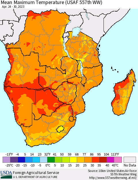 Southern Africa Mean Maximum Temperature (USAF 557th WW) Thematic Map For 4/24/2023 - 4/30/2023