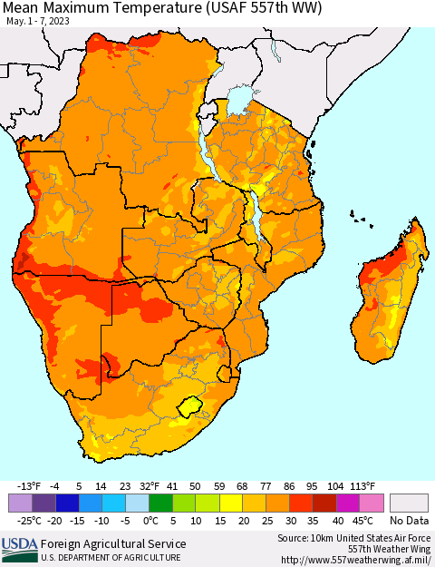 Southern Africa Mean Maximum Temperature (USAF 557th WW) Thematic Map For 5/1/2023 - 5/7/2023
