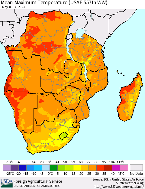 Southern Africa Mean Maximum Temperature (USAF 557th WW) Thematic Map For 5/8/2023 - 5/14/2023