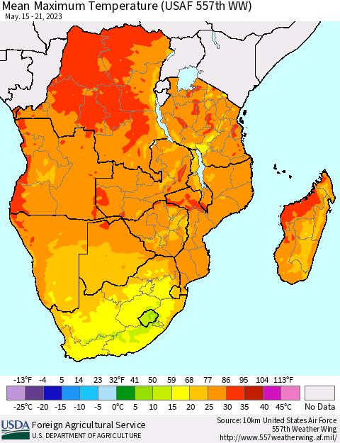 Southern Africa Mean Maximum Temperature (USAF 557th WW) Thematic Map For 5/15/2023 - 5/21/2023