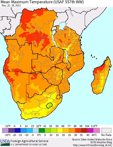 Southern Africa Mean Maximum Temperature (USAF 557th WW) Thematic Map For 5/22/2023 - 5/28/2023