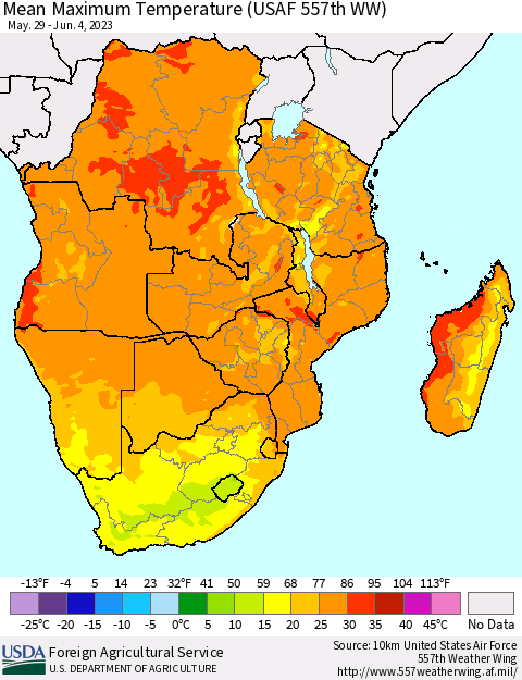 Southern Africa Mean Maximum Temperature (USAF 557th WW) Thematic Map For 5/29/2023 - 6/4/2023