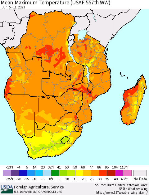 Southern Africa Mean Maximum Temperature (USAF 557th WW) Thematic Map For 6/5/2023 - 6/11/2023