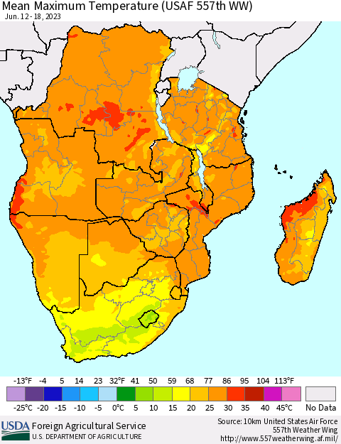 Southern Africa Mean Maximum Temperature (USAF 557th WW) Thematic Map For 6/12/2023 - 6/18/2023