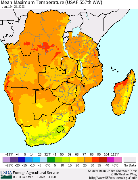 Southern Africa Mean Maximum Temperature (USAF 557th WW) Thematic Map For 6/19/2023 - 6/25/2023