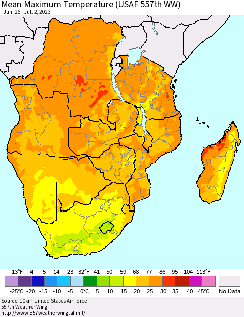 Southern Africa Mean Maximum Temperature (USAF 557th WW) Thematic Map For 6/26/2023 - 7/2/2023