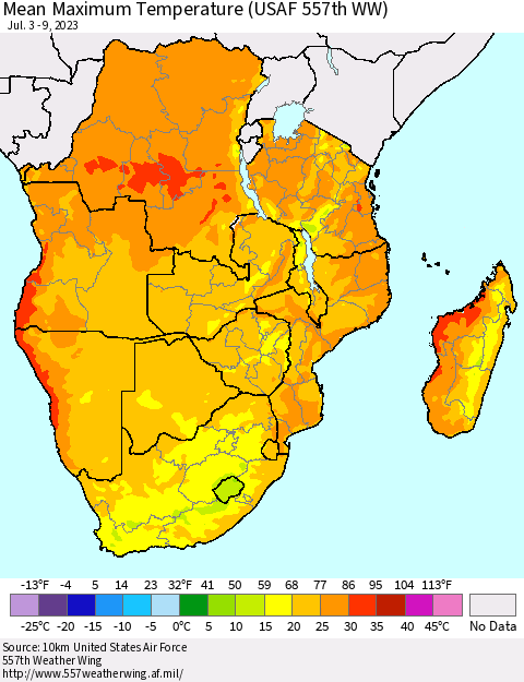 Southern Africa Mean Maximum Temperature (USAF 557th WW) Thematic Map For 7/3/2023 - 7/9/2023
