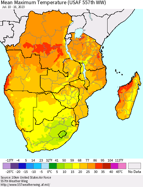 Southern Africa Mean Maximum Temperature (USAF 557th WW) Thematic Map For 7/10/2023 - 7/16/2023