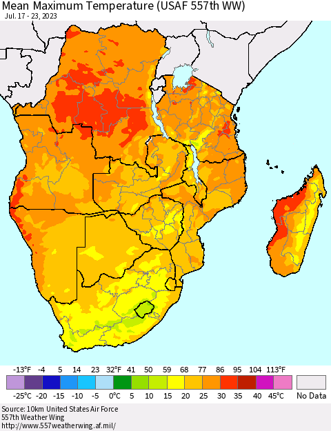 Southern Africa Mean Maximum Temperature (USAF 557th WW) Thematic Map For 7/17/2023 - 7/23/2023