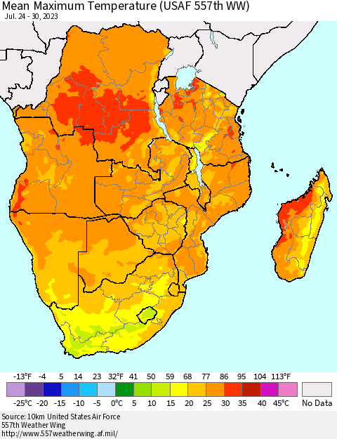 Southern Africa Mean Maximum Temperature (USAF 557th WW) Thematic Map For 7/24/2023 - 7/30/2023