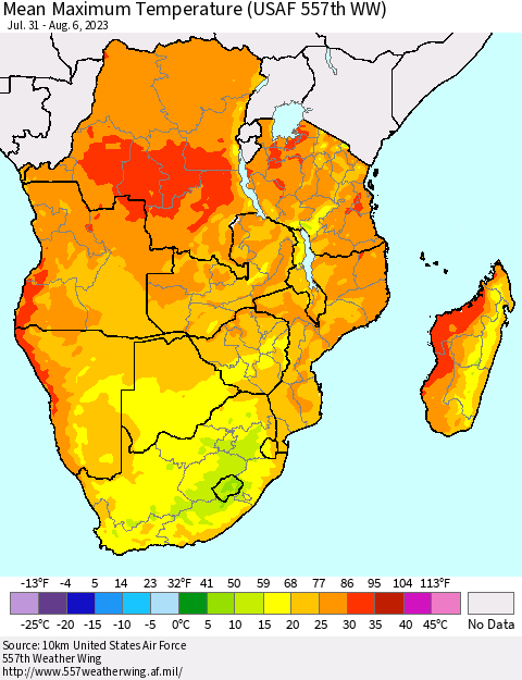 Southern Africa Mean Maximum Temperature (USAF 557th WW) Thematic Map For 7/31/2023 - 8/6/2023