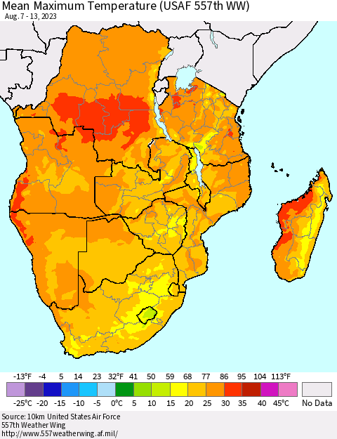 Southern Africa Mean Maximum Temperature (USAF 557th WW) Thematic Map For 8/7/2023 - 8/13/2023