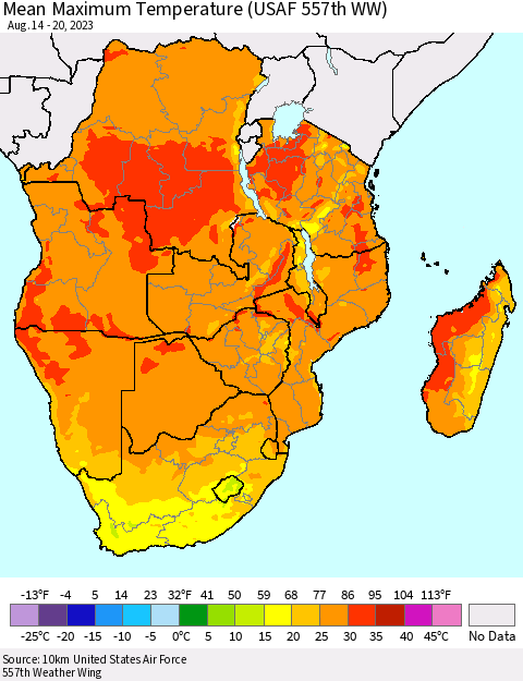 Southern Africa Mean Maximum Temperature (USAF 557th WW) Thematic Map For 8/14/2023 - 8/20/2023