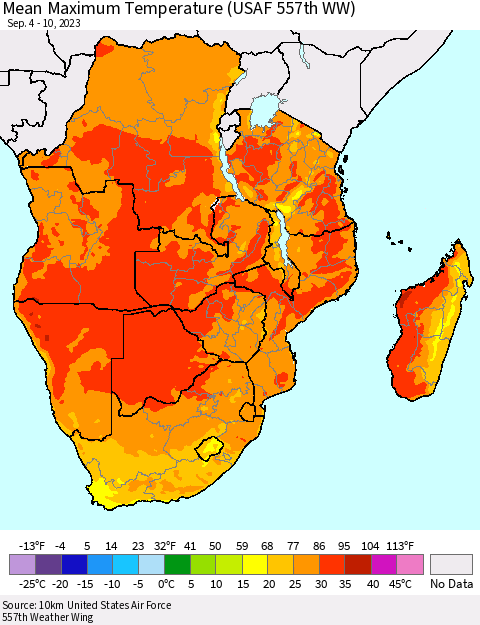 Southern Africa Mean Maximum Temperature (USAF 557th WW) Thematic Map For 9/4/2023 - 9/10/2023